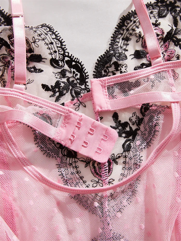 Women's Lingerie Pink Mesh Slimming Bodysuit Delicate Floral Embroidered Jumpsuit Romantic Sleeveless Polka Dot Sexy Bodysuit