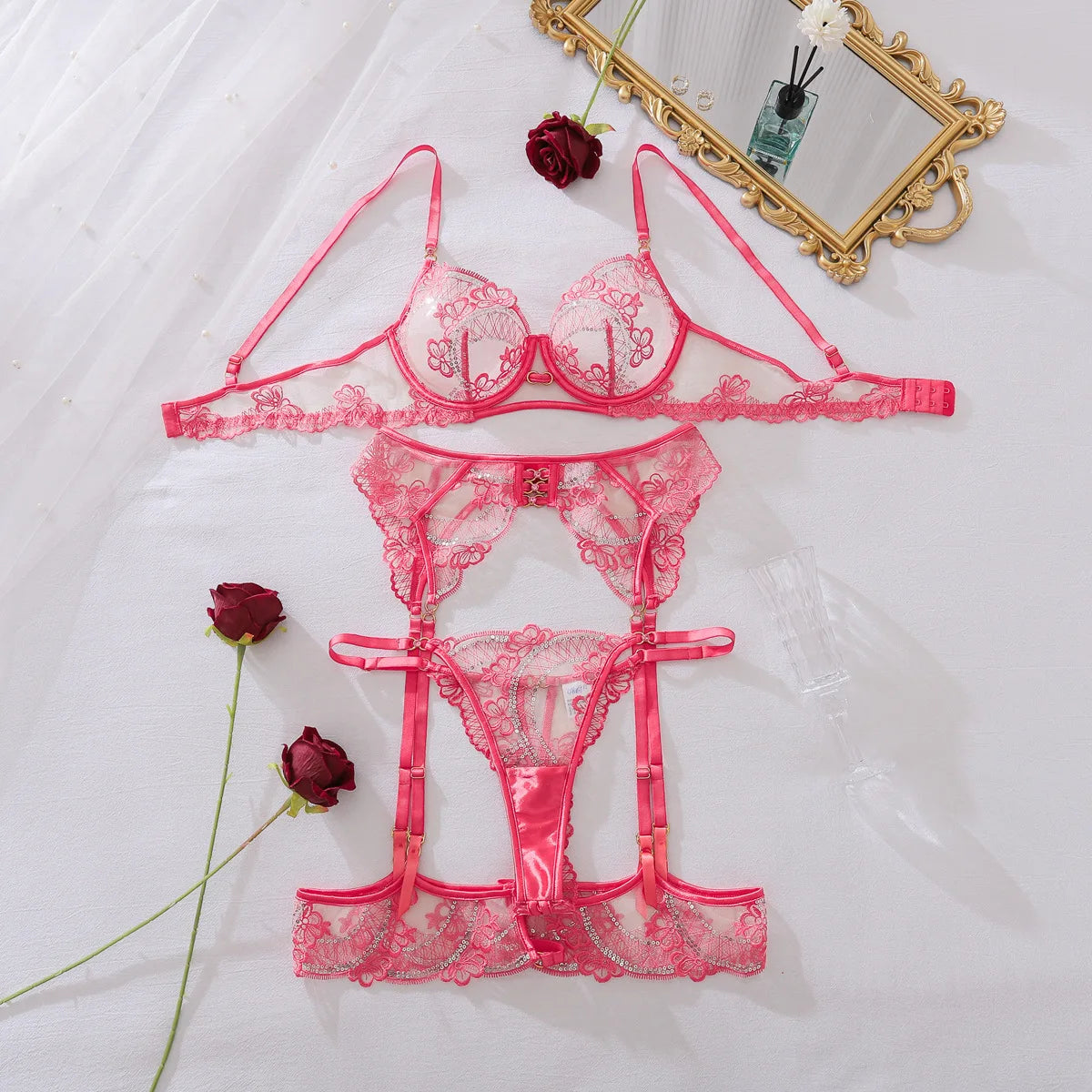 Toucheart Erotic Lingerie High Quality New Sequined Embroidery See-through Mesh Body Shaping Women Sexy Hot Underwear Split Set