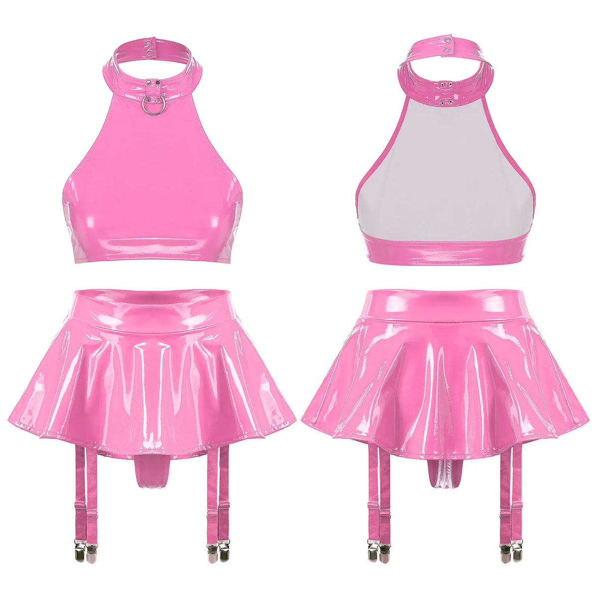 Women's Patent Leather Ruffle Crop Top And Miniskirt Set with Cutout Built-in Thongs And Garter Belt Disco Party Lingerie Outfit