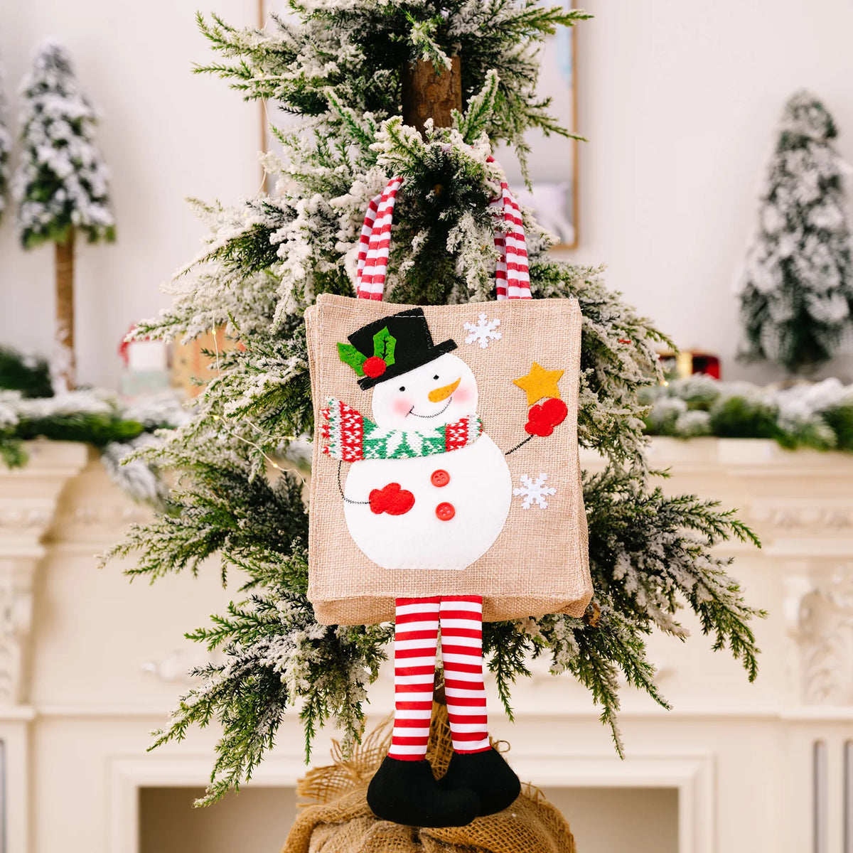 Christmas Gifts Bags Reusable Long Legged Snowman Santa Tote Bag With Handle Xmas Treat Bags for Christmas Party Decorations