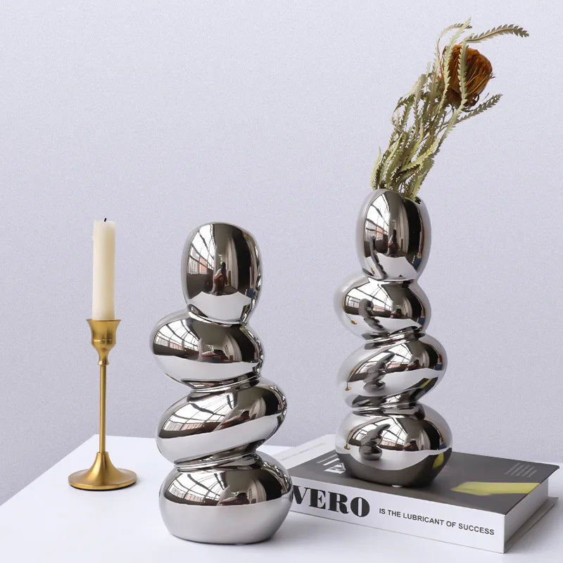 Silver Stacked-Stone-Style Vase