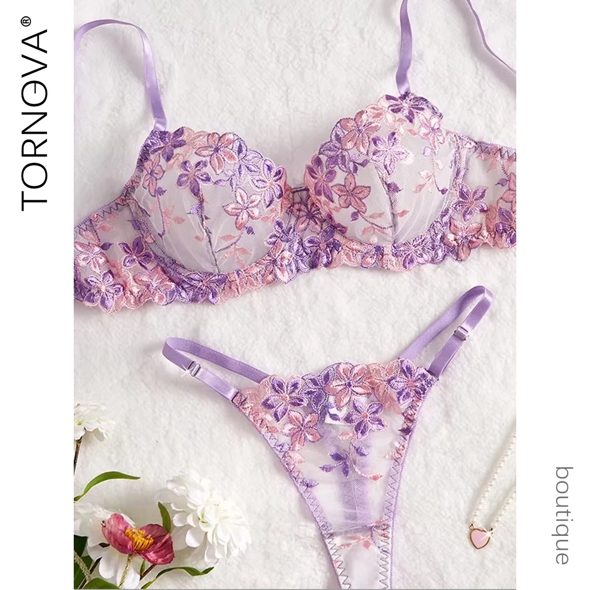 Tornova Sexy Purple Sexy Lingerie for Women Mesh Hollow Out See-Through Thin Embroidered Sexy Interesting Lace Underwear Set New