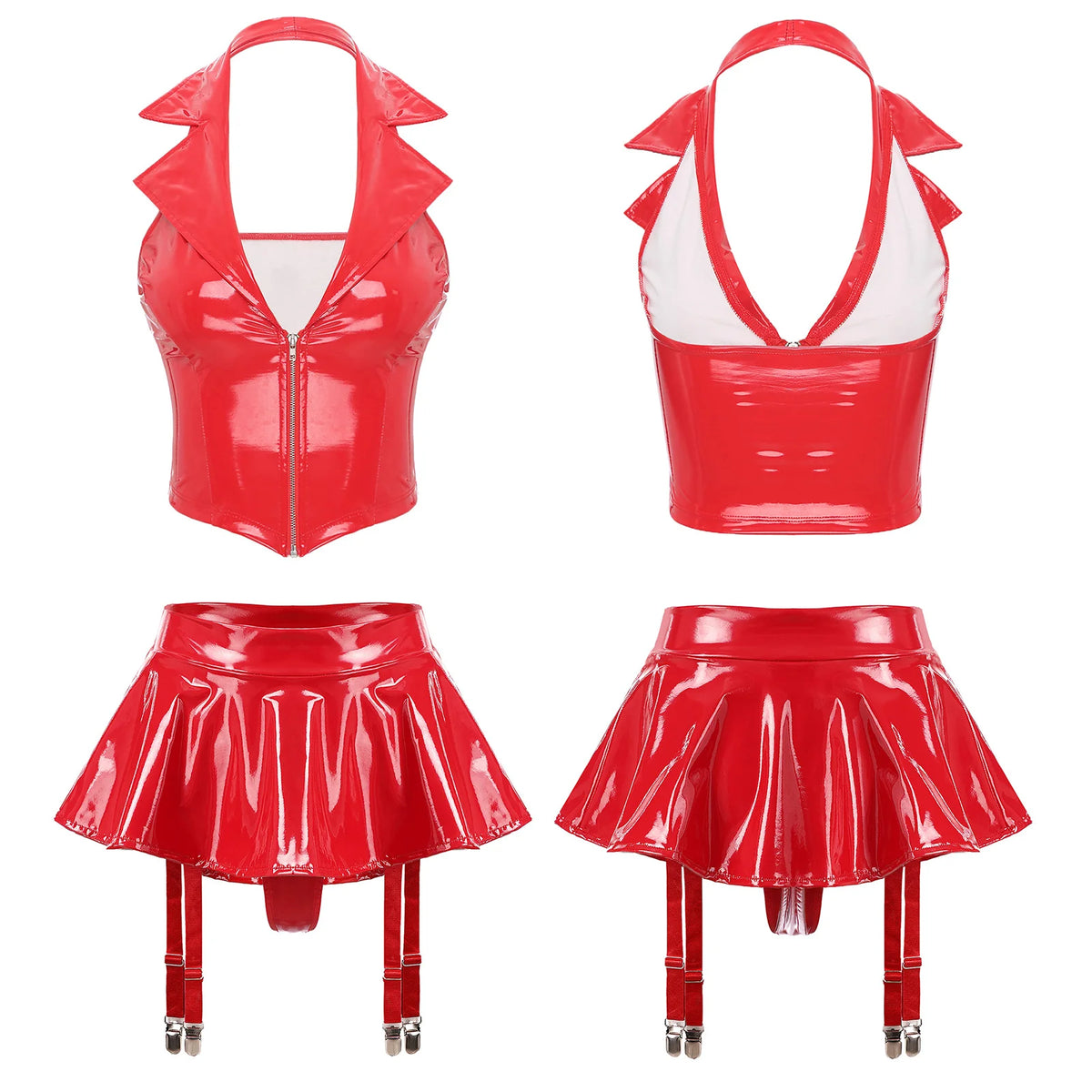 Women's Patent Leather Ruffle Crop Top And Miniskirt Set with Cutout Built-in Thongs And Garter Belt Disco Party Lingerie Outfit