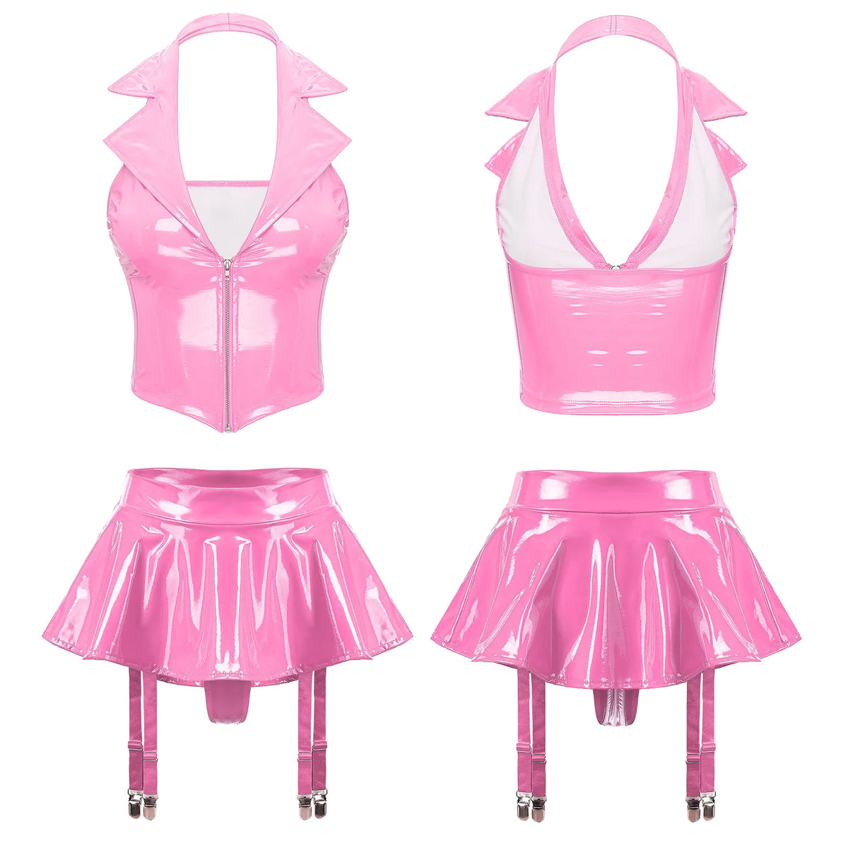 Women's Patent Leather Ruffle Crop Top And Miniskirt Set with Cutout Built-in Thongs And Garter Belt Disco Party Lingerie Outfit