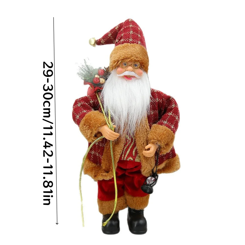 Christmas Santa Figurines, Standing Santa Claus Figure Holding Gift Bag & Lantern, Xmas Santa Doll Desktop Ornaments Gifts