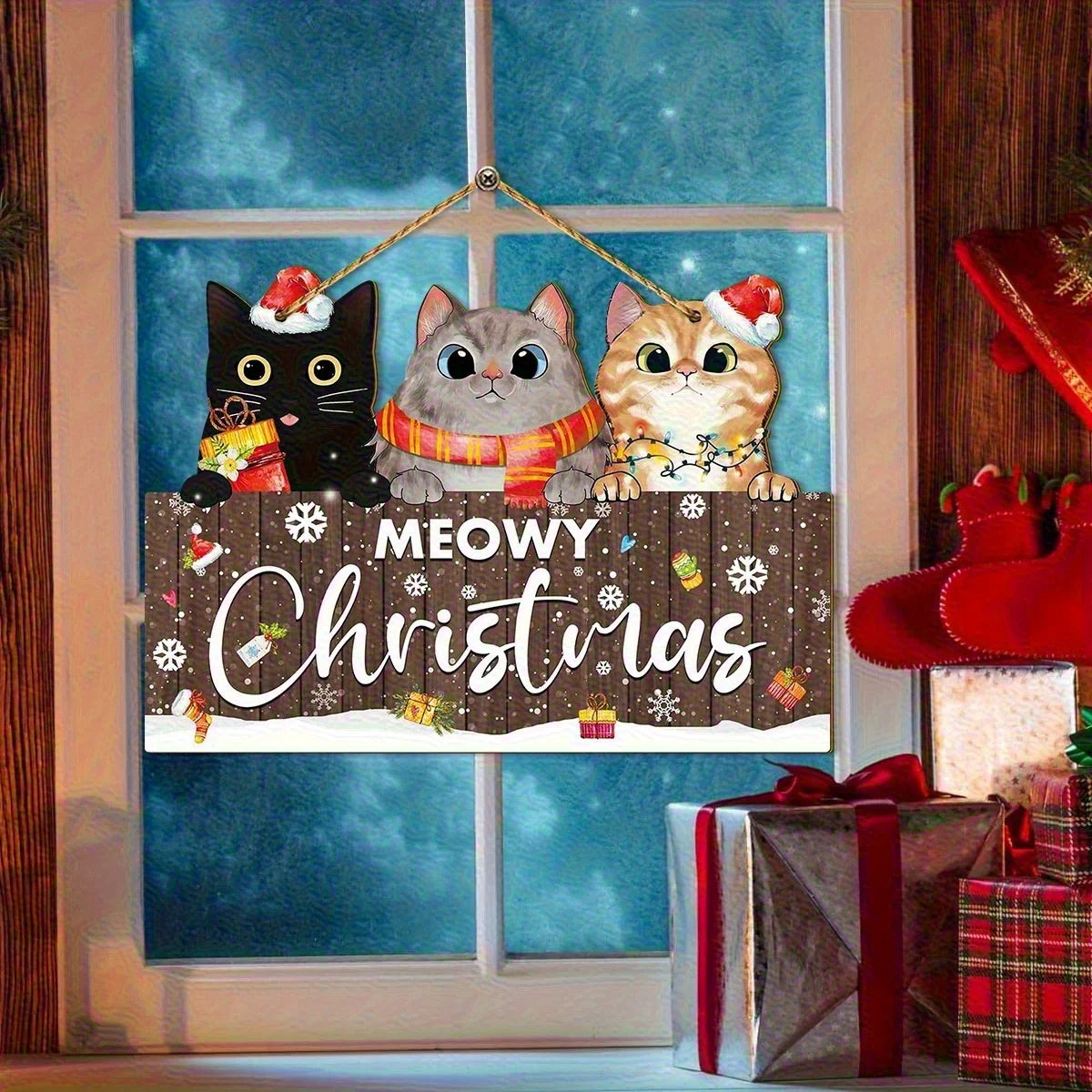Wooden Christmas Cat Hanging Decoration