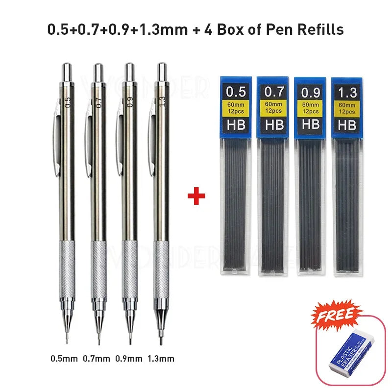 0.3 0.5 0.7 0.9 1.3 2.0 3.0mm Full Metal Mechanical Pencil Sketch Art Drawing Painting Propelling Pencil Office School Supply