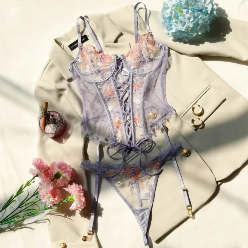 2pcs Lingerie Set Boned Underwire Push Up Bra Lace Up Front Sheer Mesh Thong Hollow Out Shapewear Sexy Women Boudoir Outfit
