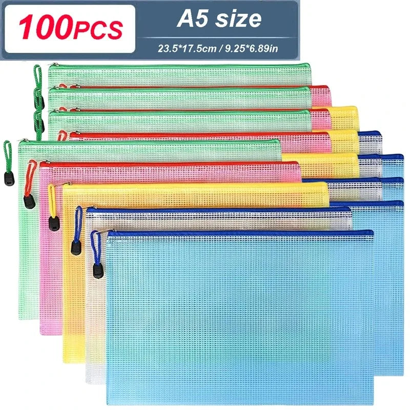 5-100Pcs A4/A5/A6 Stationery Storage Folder File Mesh Zipper Pouch Document Bag Zip File Folders School Office Supplies