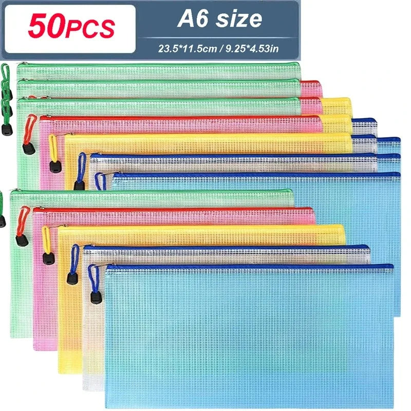 5-100Pcs A4/A5/A6 Stationery Storage Folder File Mesh Zipper Pouch Document Bag Zip File Folders School Office Supplies