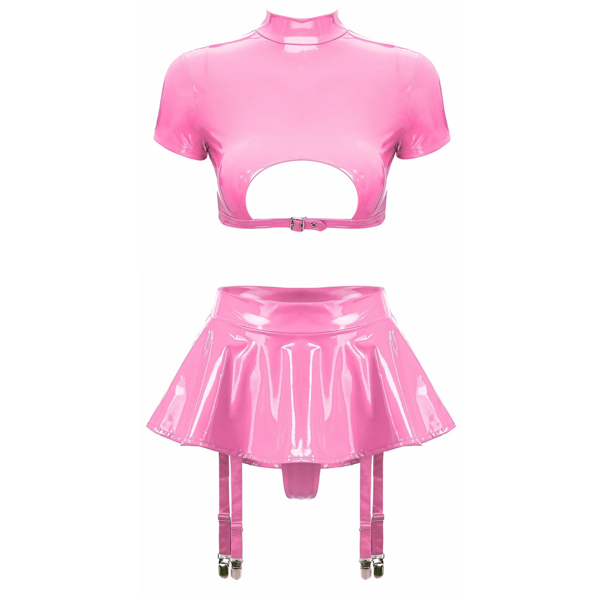 Women's Patent Leather Ruffle Crop Top And Miniskirt Set with Cutout Built-in Thongs And Garter Belt Disco Party Lingerie Outfit