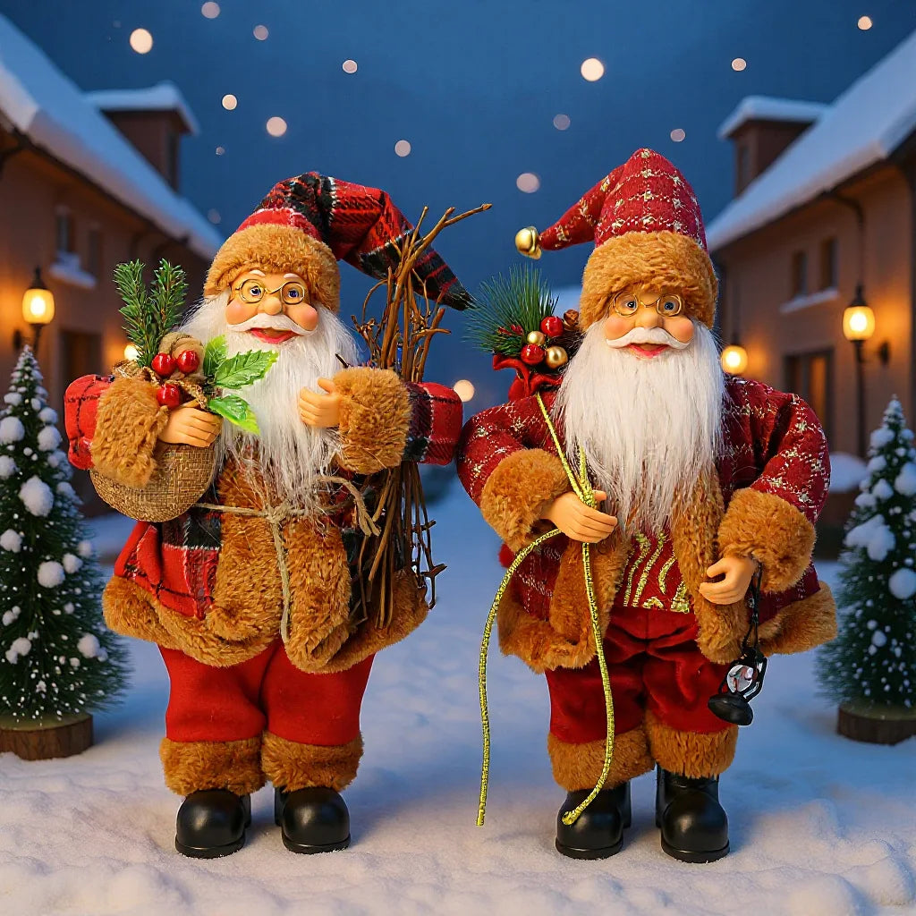 Christmas Santa Figurines, Standing Santa Claus Figure Holding Gift Bag & Lantern, Xmas Santa Doll Desktop Ornaments Gifts