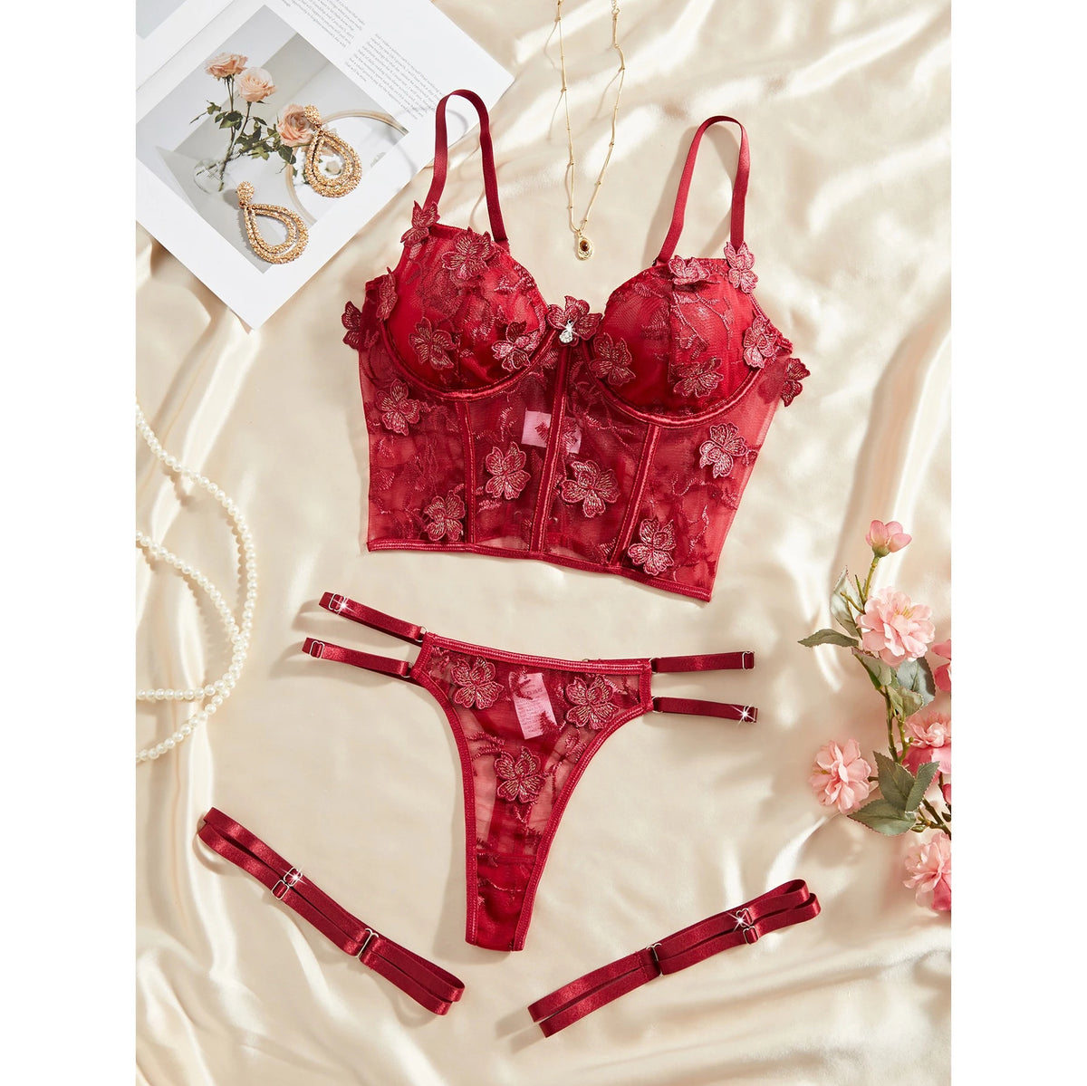 Women's Lingerie Set Lace Floral Naughty Babydoll Push up Bra Thong and Garters 3 Pcs Set