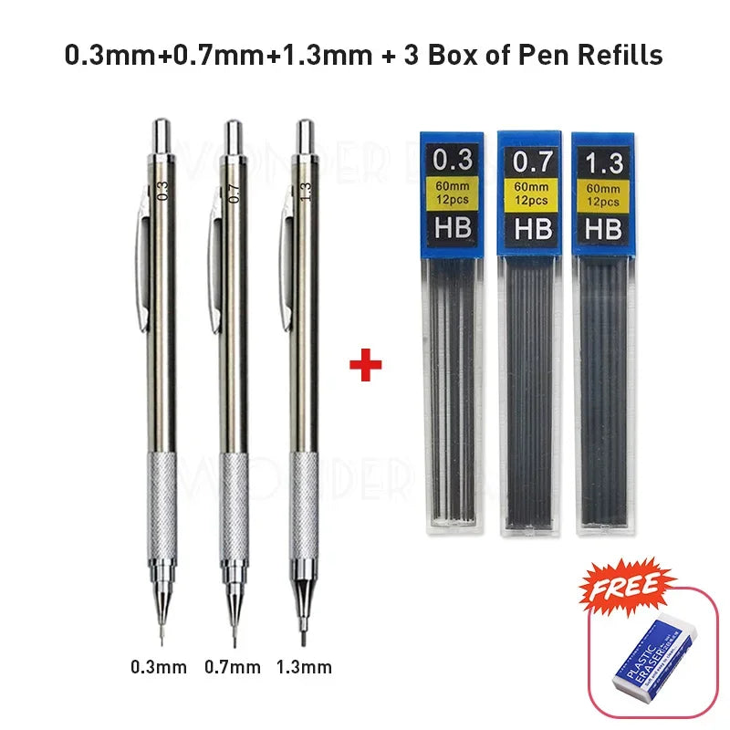 0.3 0.5 0.7 0.9 1.3 2.0 3.0mm Full Metal Mechanical Pencil Sketch Art Drawing Painting Propelling Pencil Office School Supply