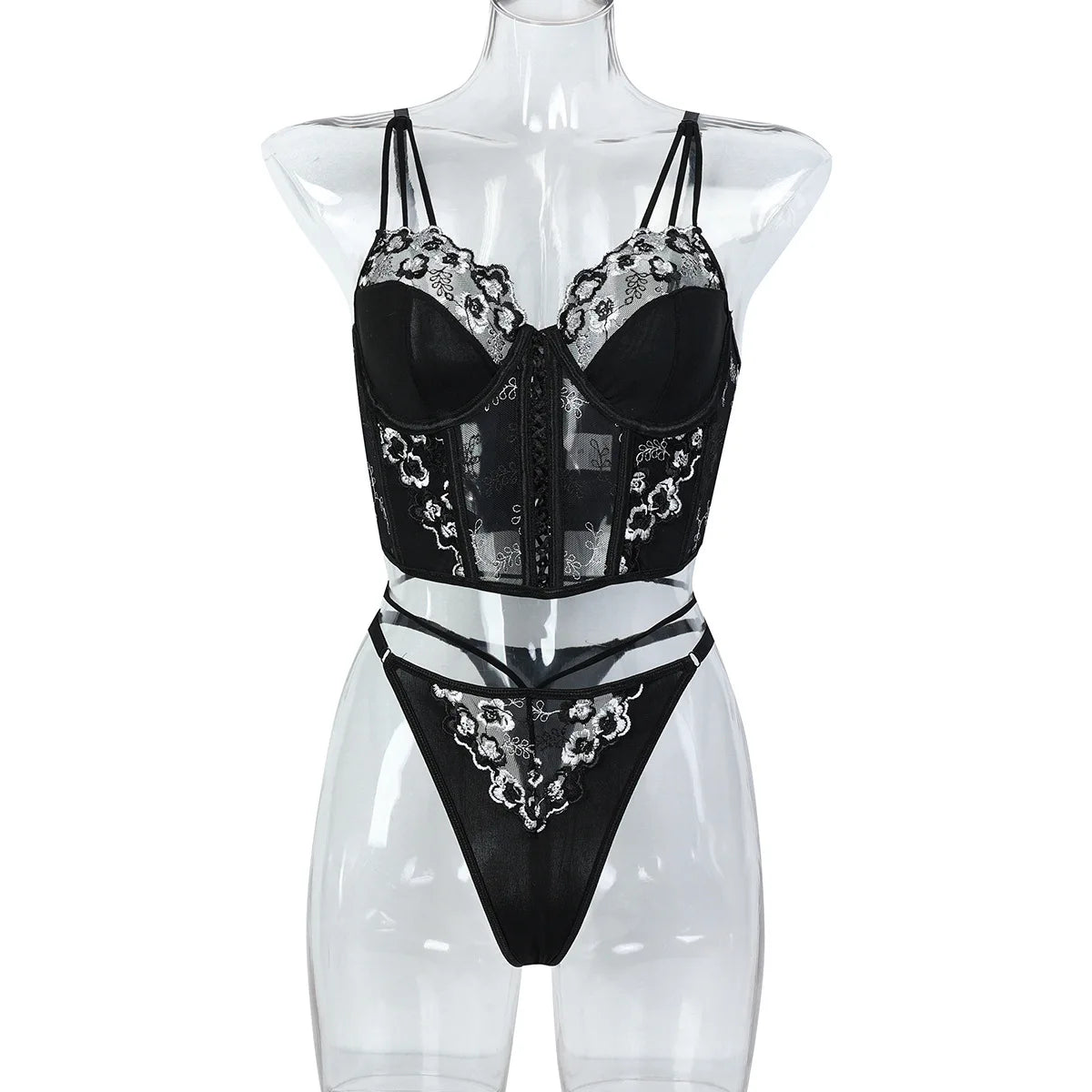 Sexy Flower Embroidery Erotic Set Women Lace See Through Lingerie Bra Thong Set Pornos Suit Underwear Sexy Costumes