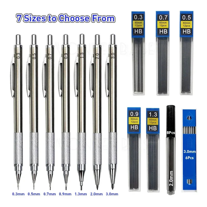 0.3 0.5 0.7 0.9 1.3 2.0 3.0mm Full Metal Mechanical Pencil Sketch Art Drawing Painting Propelling Pencil Office School Supply