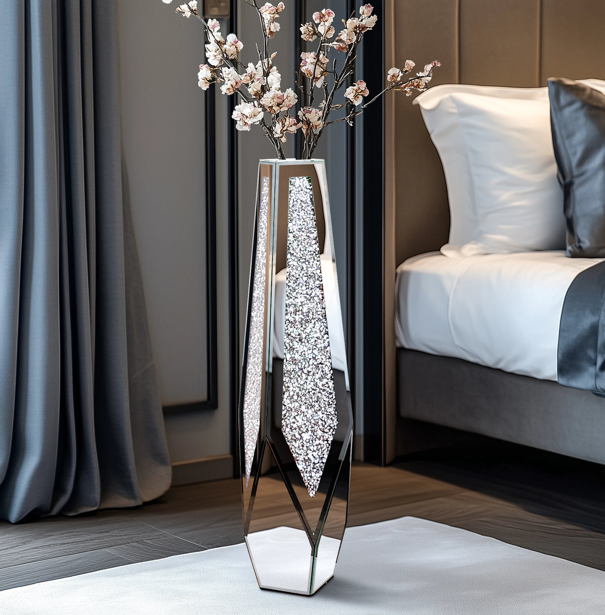 Tall Crushed-Diamond Mirrored Vase