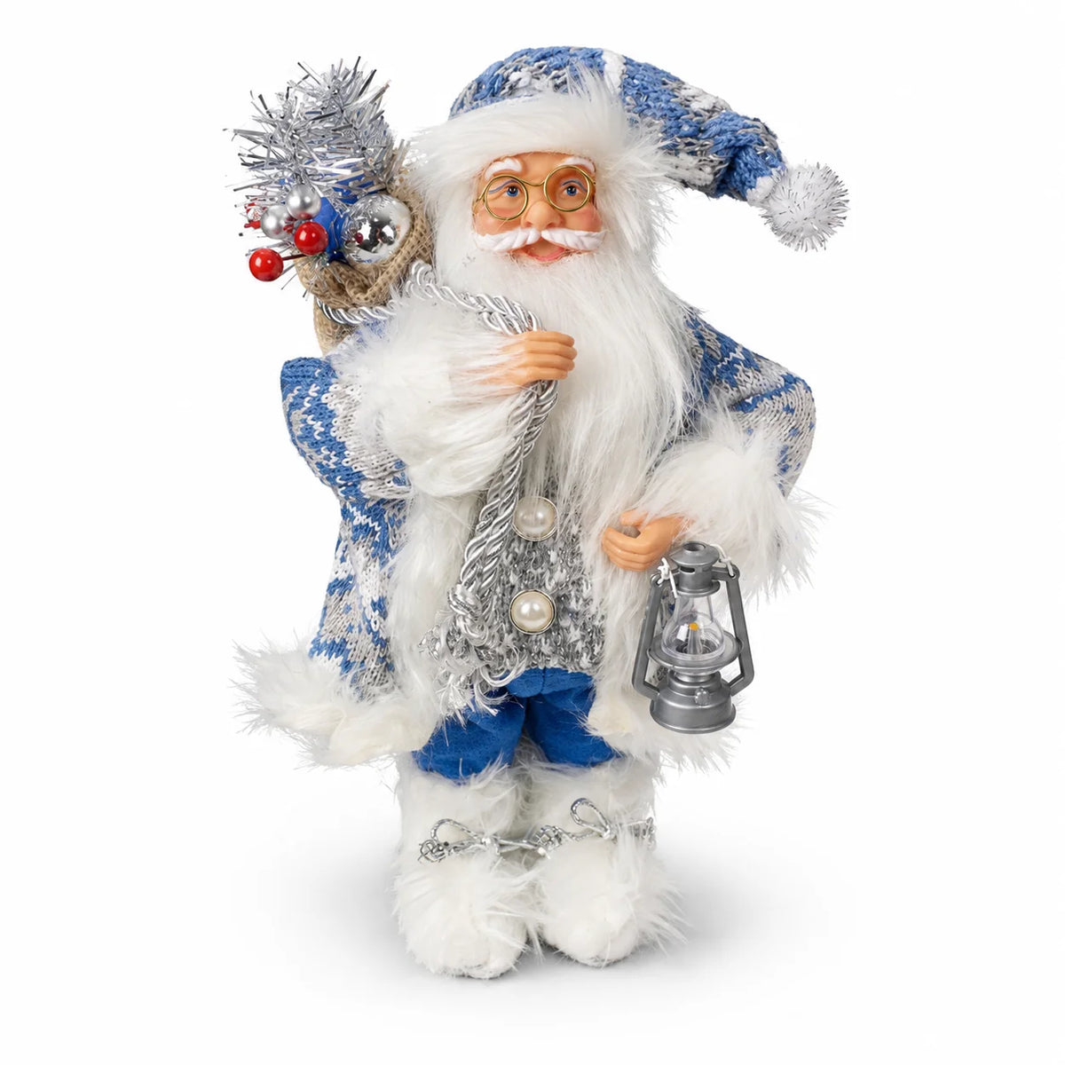 Christmas Santa Claus Figurine 30cm, Nordic Blue Santa Statue with Mini Lantern Gift Bundle and Soft Knit Plush Texture