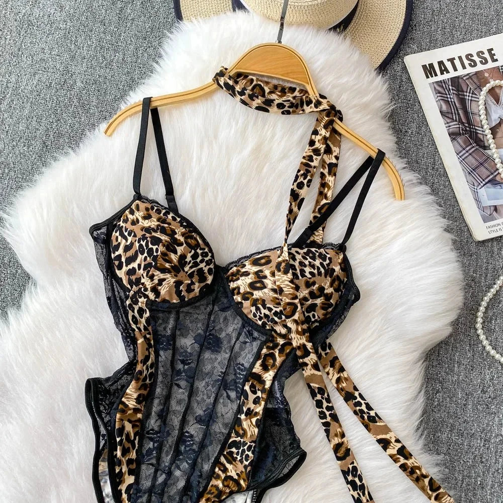 Leopard-Print V-Neck Lace Bodysuit