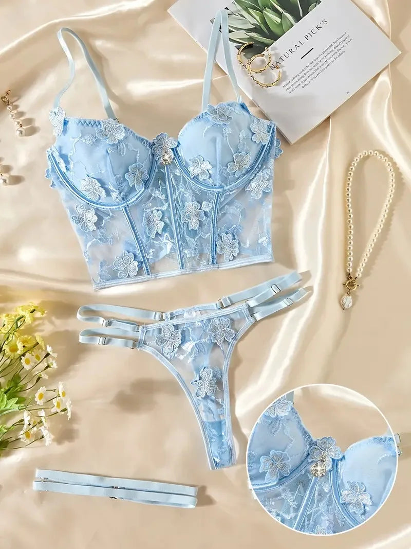 Women's Lingerie Set Lace Floral Naughty Babydoll Push up Bra Thong and Garters 3 Pcs Set