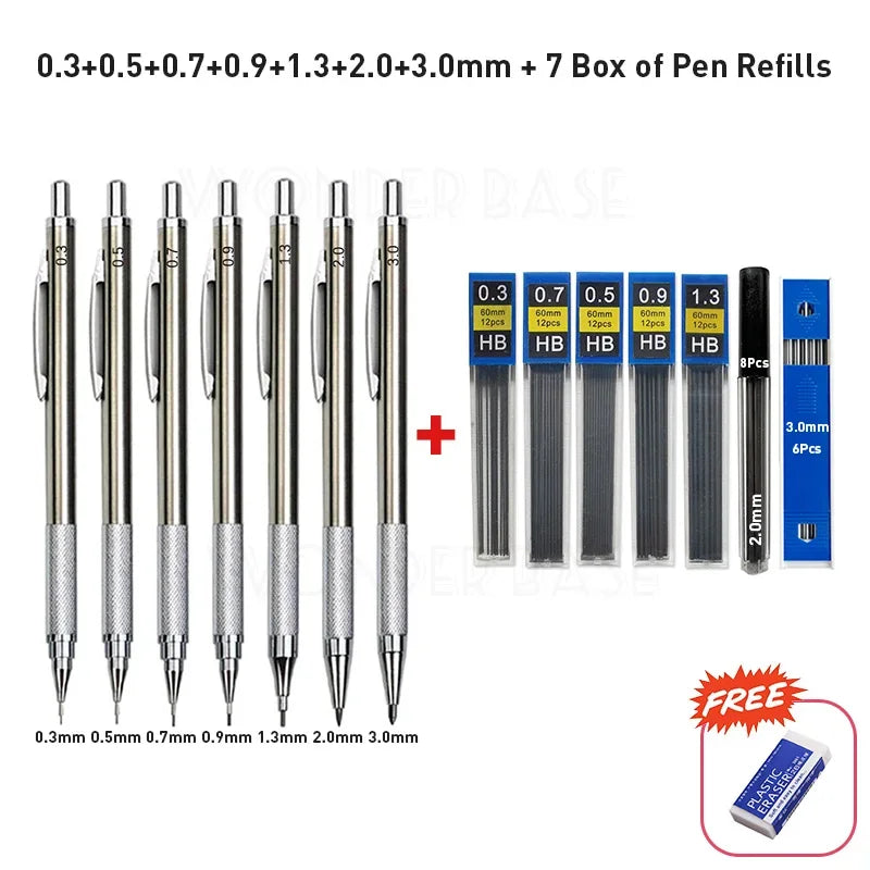 0.3 0.5 0.7 0.9 1.3 2.0 3.0mm Full Metal Mechanical Pencil Sketch Art Drawing Painting Propelling Pencil Office School Supply