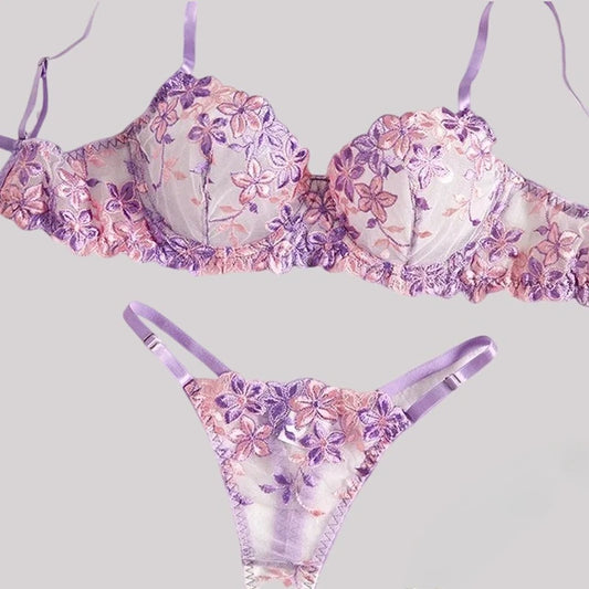 Tornova Sexy Purple Sexy Lingerie for Women Mesh Hollow Out See-Through Thin Embroidered Sexy Interesting Lace Underwear Set New