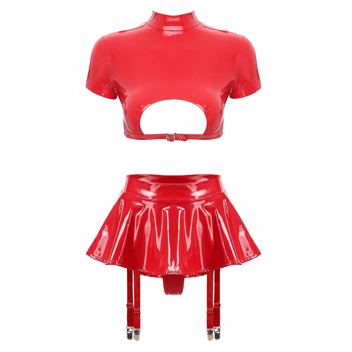Women's Patent Leather Ruffle Crop Top And Miniskirt Set with Cutout Built-in Thongs And Garter Belt Disco Party Lingerie Outfit