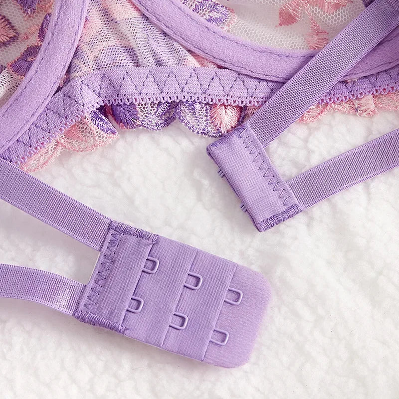 Tornova Sexy Purple Sexy Lingerie for Women Mesh Hollow Out See-Through Thin Embroidered Sexy Interesting Lace Underwear Set New