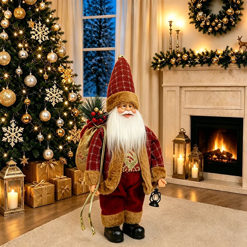 Christmas Santa Figurines, Standing Santa Claus Figure Holding Gift Bag & Lantern, Xmas Santa Doll Desktop Ornaments Gifts
