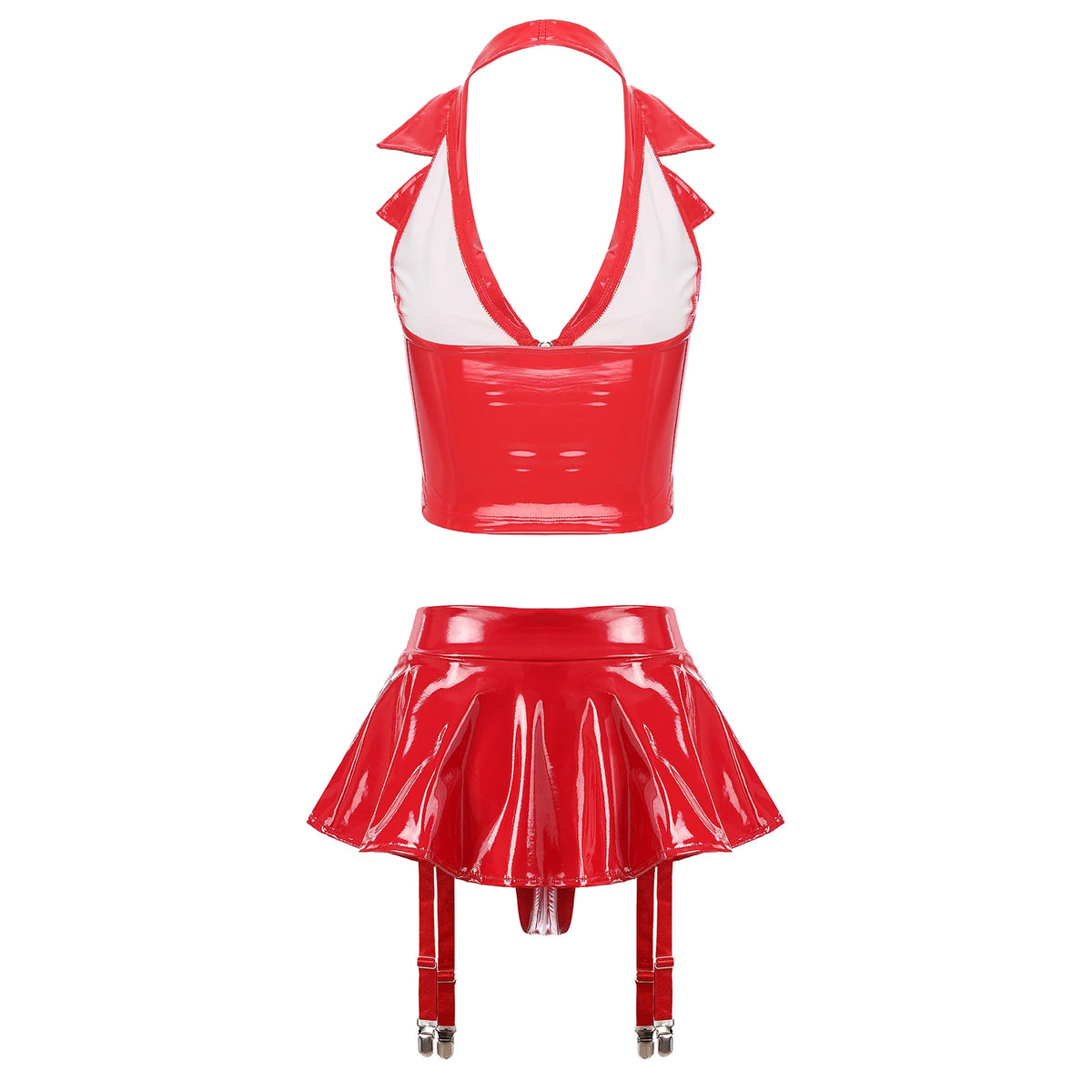 Women's Patent Leather Ruffle Crop Top And Miniskirt Set with Cutout Built-in Thongs And Garter Belt Disco Party Lingerie Outfit