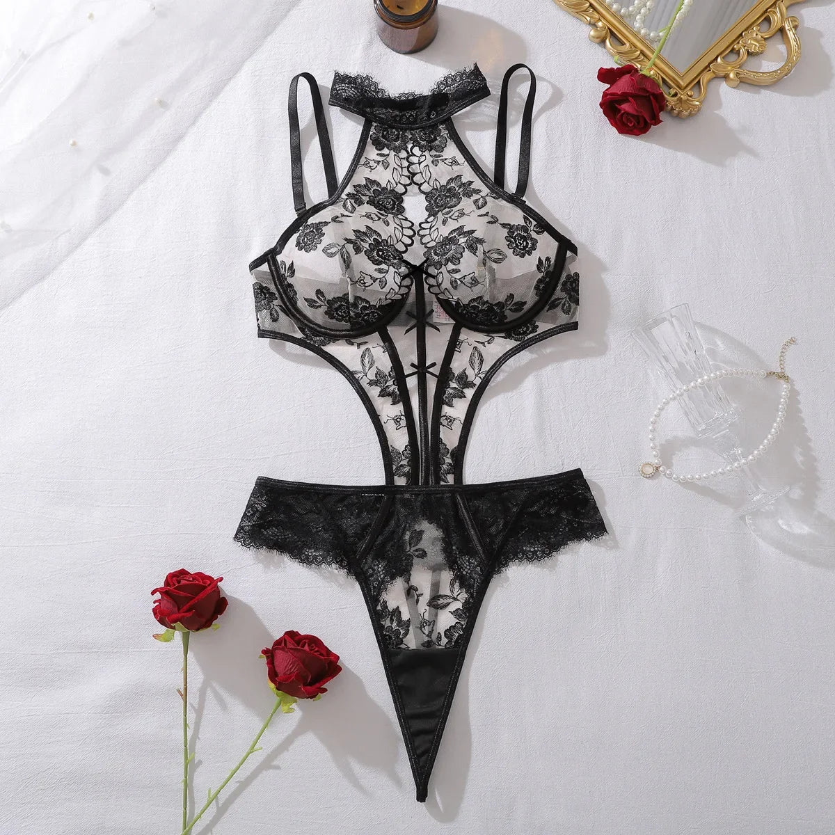 Erotic Set Women Floral Lace Lingerie Bodysuit See Through Halter Neck Cutout Hollow Out Exotic Sexy One Piece Underwear