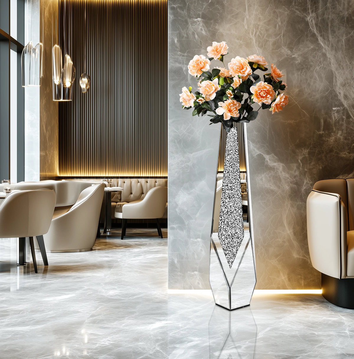 Tall Crushed-Diamond Mirrored Vase