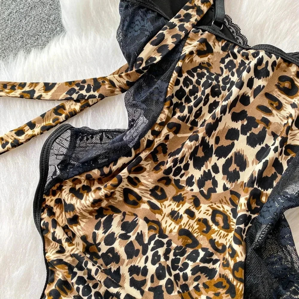 Leopard-Print V-Neck Lace Bodysuit