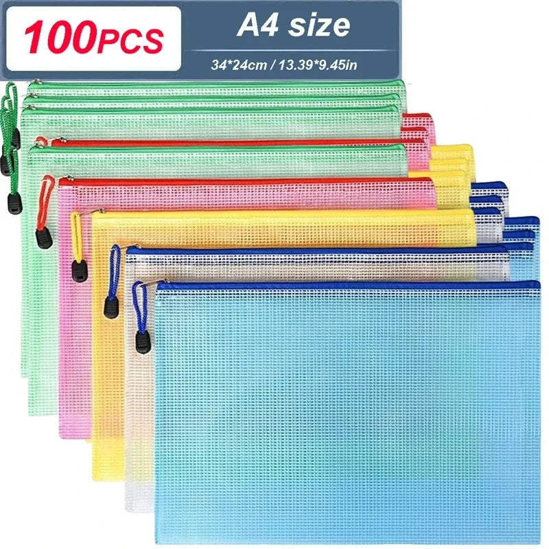 5-100Pcs A4/A5/A6 Stationery Storage Folder File Mesh Zipper Pouch Document Bag Zip File Folders School Office Supplies