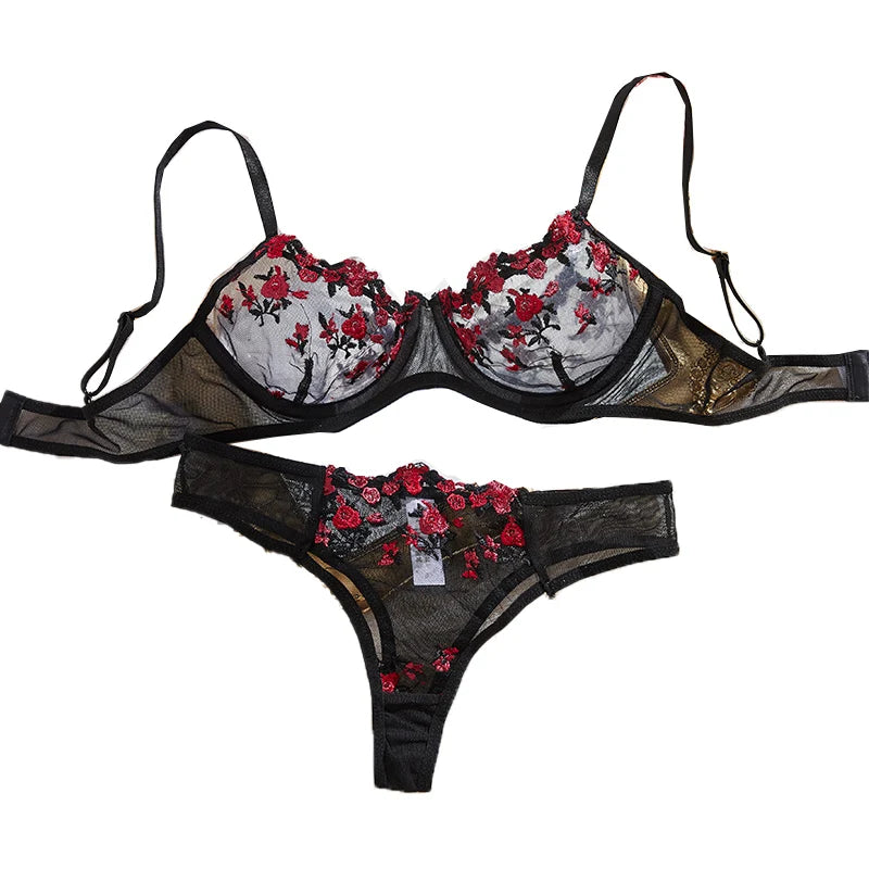 Embroidery Women's Transparent Mesh Underwear Two-piece Bra And Panties Sets