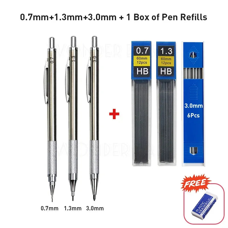 0.3 0.5 0.7 0.9 1.3 2.0 3.0mm Full Metal Mechanical Pencil Sketch Art Drawing Painting Propelling Pencil Office School Supply