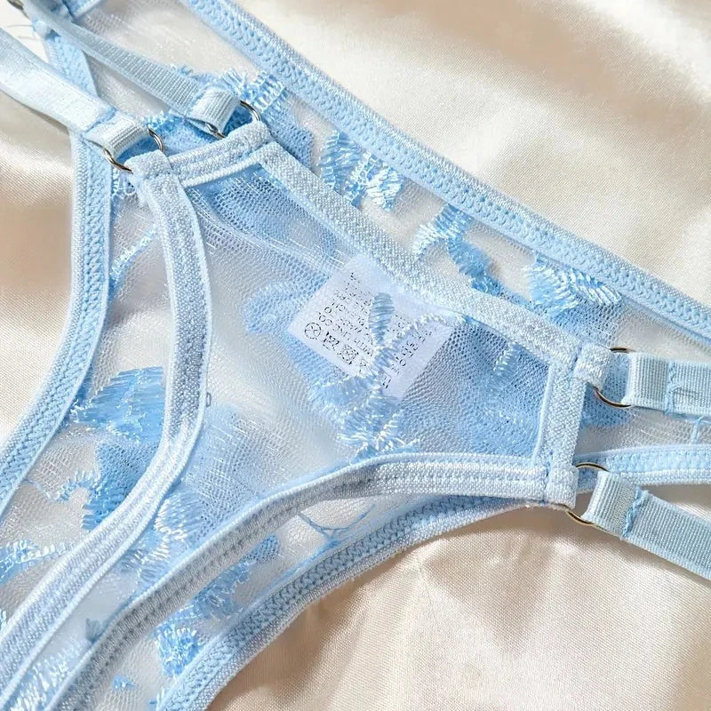 Women's Lingerie Set Lace Floral Naughty Babydoll Push up Bra Thong and Garters 3 Pcs Set
