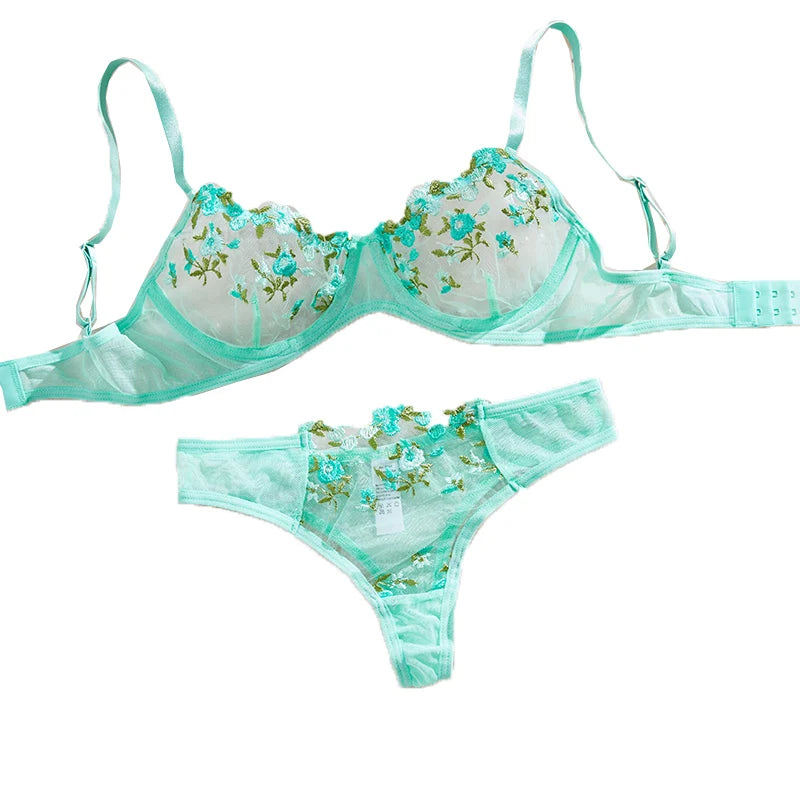 Embroidery Women's Transparent Mesh Underwear Two-piece Bra And Panties Sets