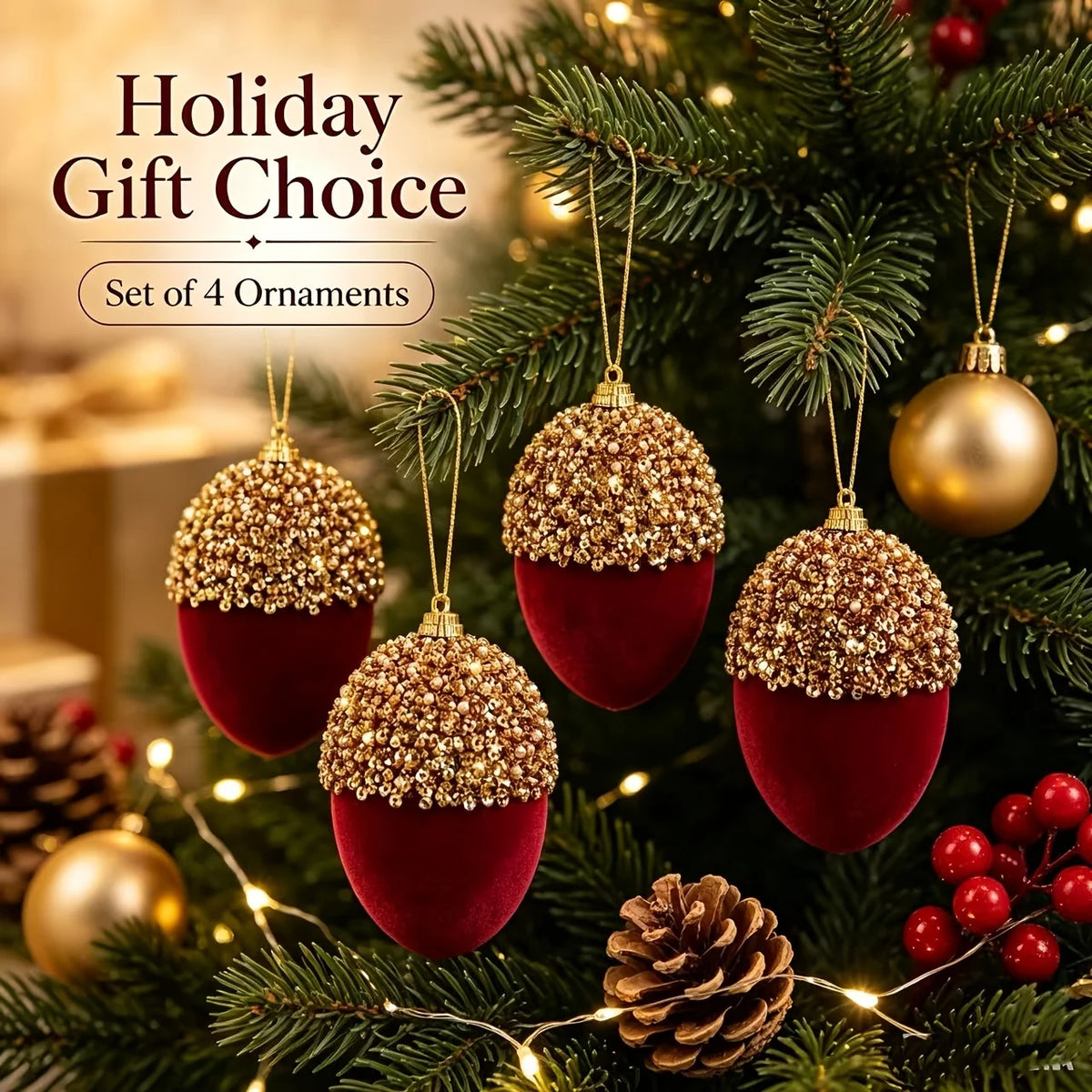 Burgundy Flocked Christmas Baubles – 4 Pack