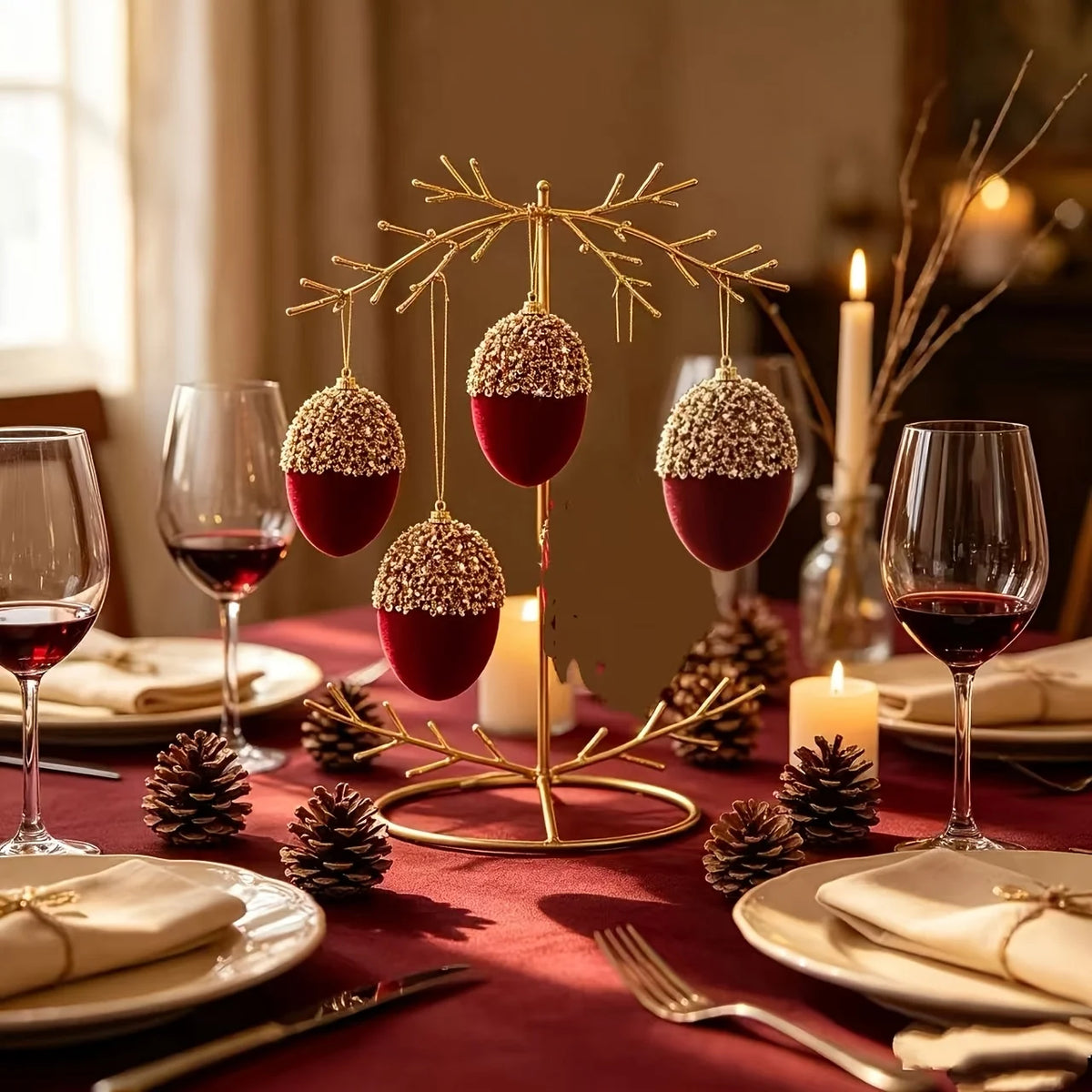 Burgundy Flocked Christmas Baubles – 4 Pack