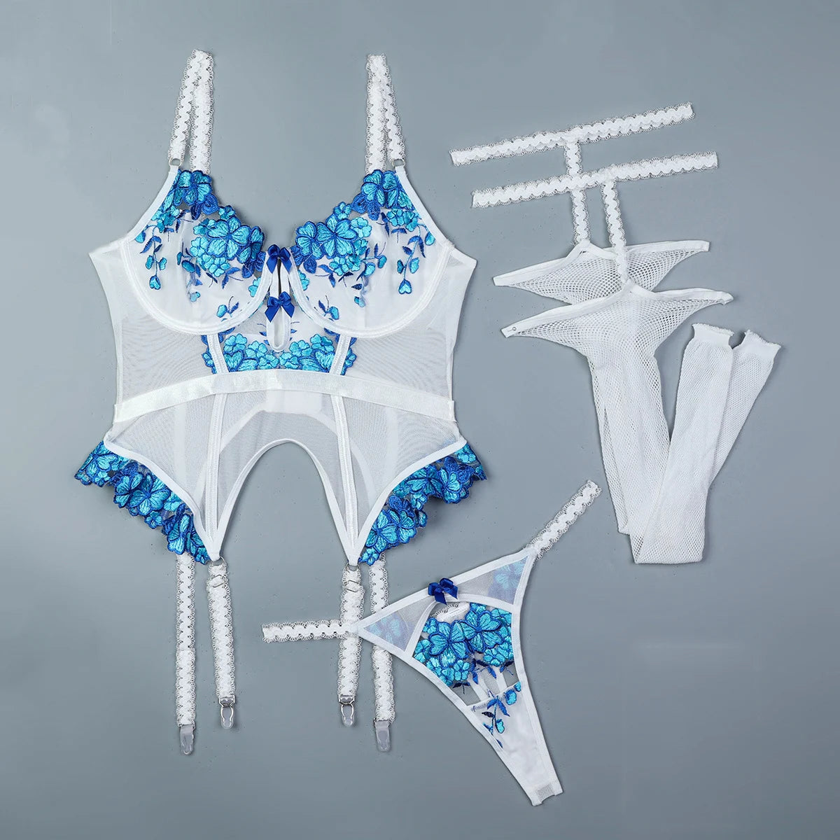 Flower Embroidery Erotic Set Women Lace Lingerie Set See Through Underwear Party Club Floral Sexy Costumes