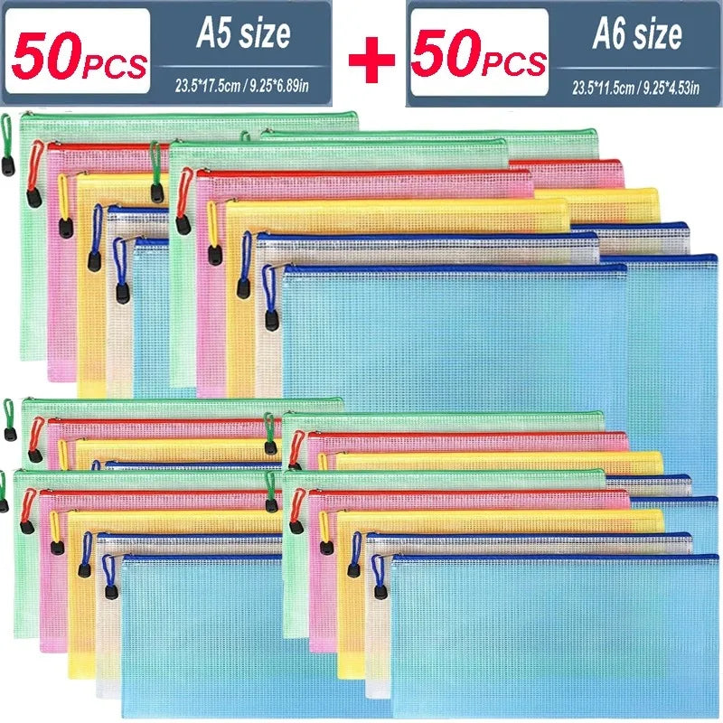 5-100Pcs A4/A5/A6 Stationery Storage Folder File Mesh Zipper Pouch Document Bag Zip File Folders School Office Supplies