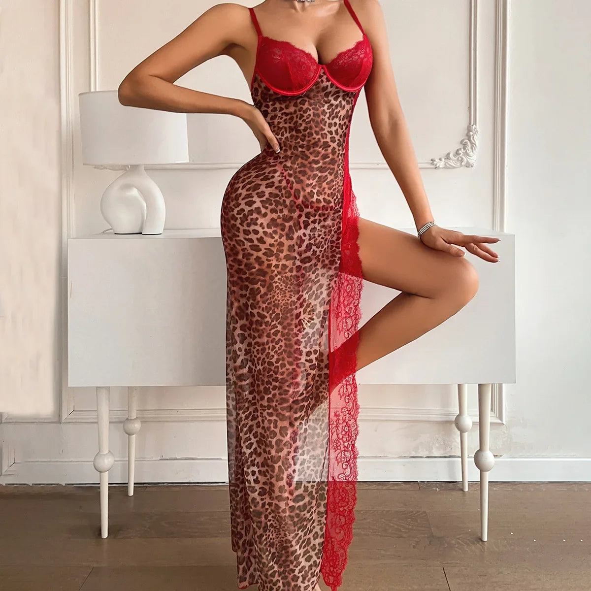 Women See Through Leopard Print Erotic Set Spaghetti Strap High Slit Mesh Chemise Red Lace Underwire Nightgown Sexy Lingerie
