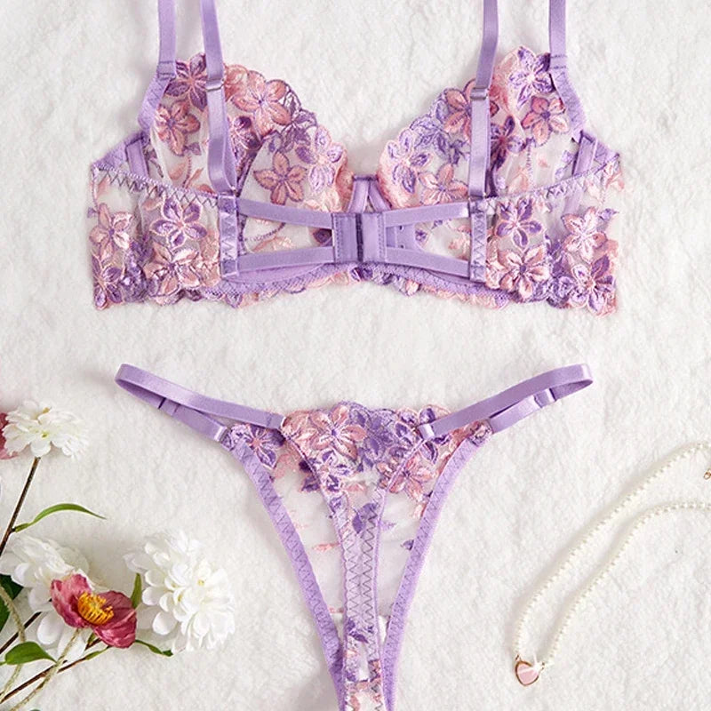 Tornova Sexy Purple Sexy Lingerie for Women Mesh Hollow Out See-Through Thin Embroidered Sexy Interesting Lace Underwear Set New