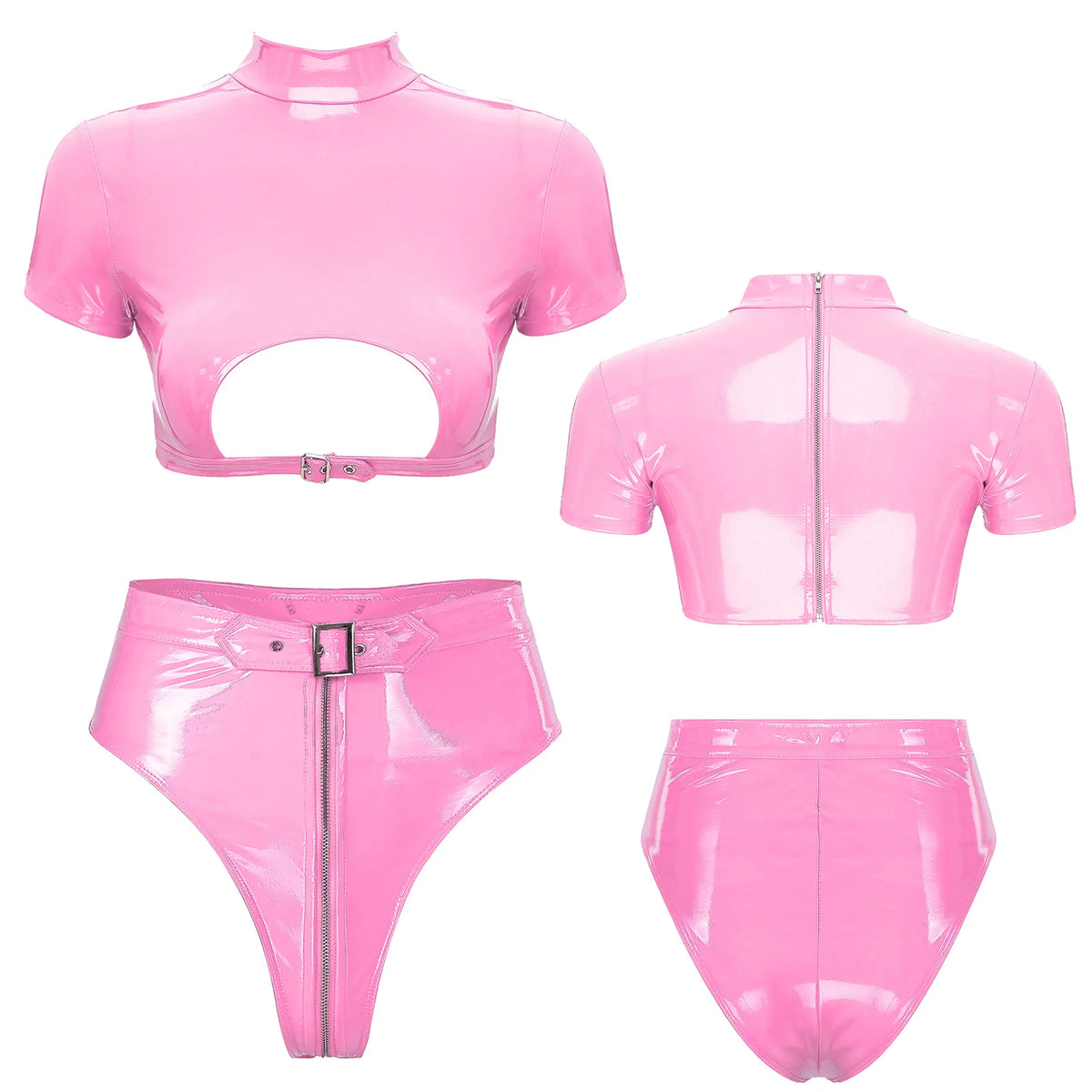 Women's Patent Leather Ruffle Crop Top And Miniskirt Set with Cutout Built-in Thongs And Garter Belt Disco Party Lingerie Outfit