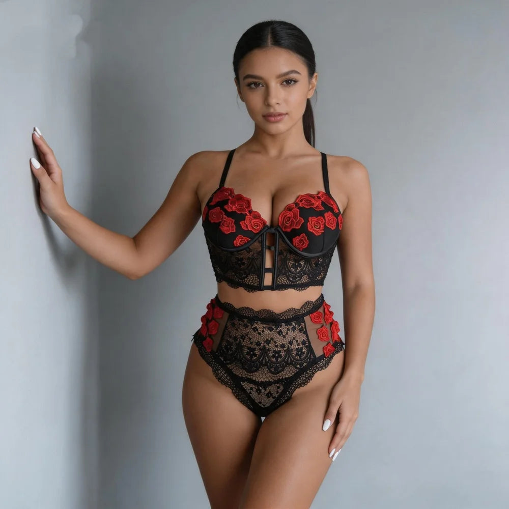 Rose Embroidered Lace Shapewear Set Longline Bustier High Waist Briefs Cutout Lingerie for Layering Bridal Boudoir Date Night