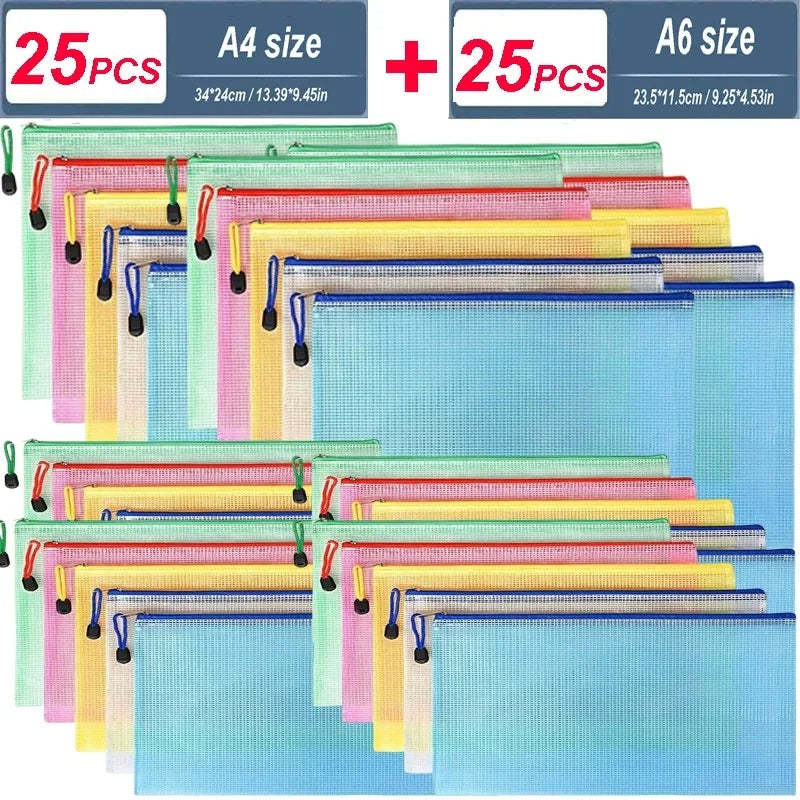 5-100Pcs A4/A5/A6 Stationery Storage Folder File Mesh Zipper Pouch Document Bag Zip File Folders School Office Supplies