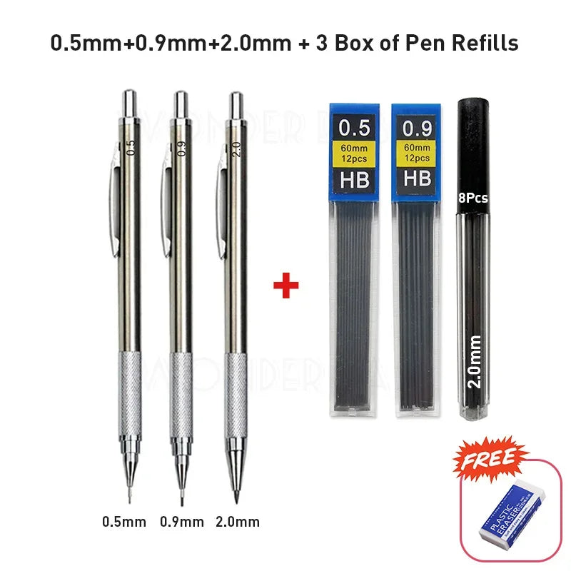 0.3 0.5 0.7 0.9 1.3 2.0 3.0mm Full Metal Mechanical Pencil Sketch Art Drawing Painting Propelling Pencil Office School Supply