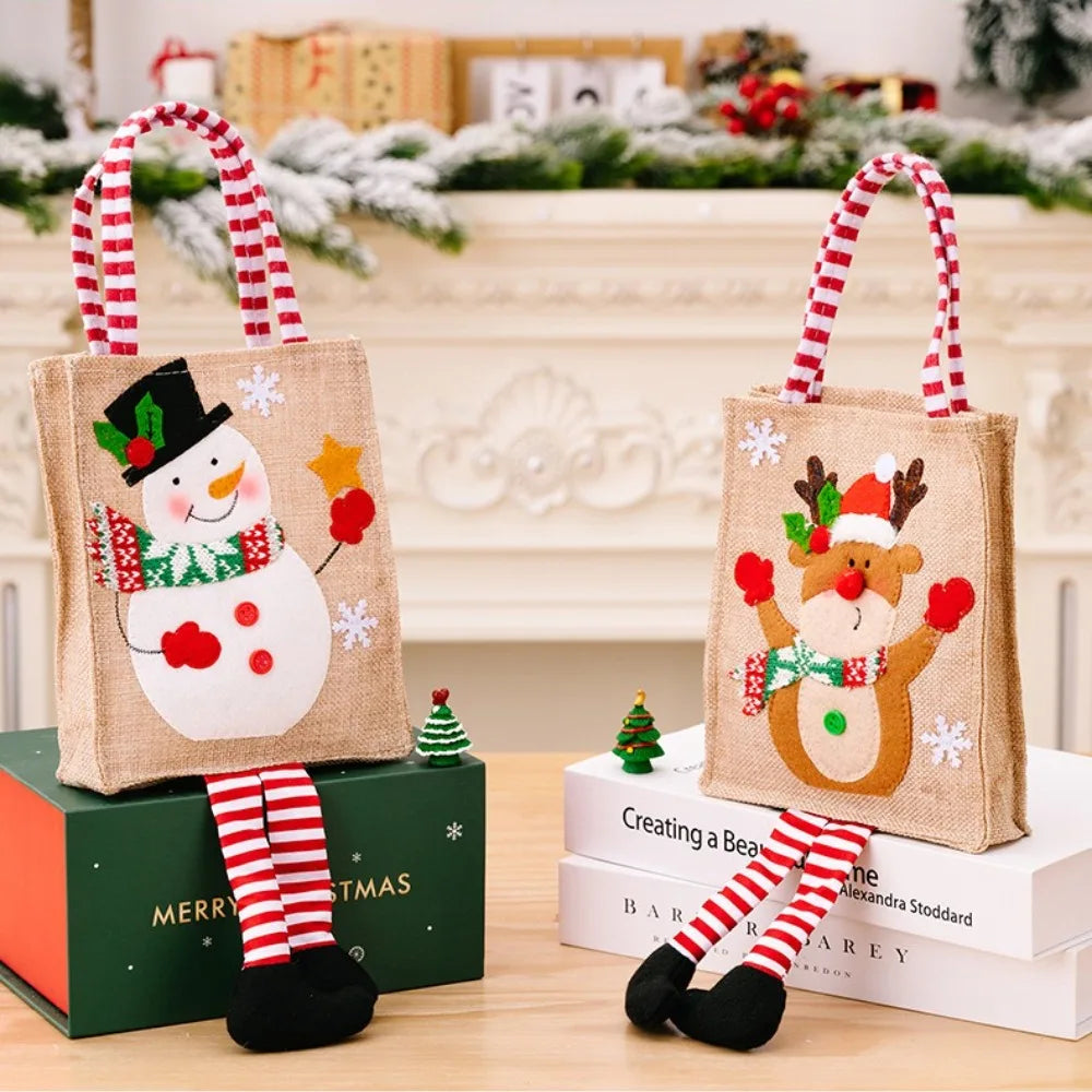 Christmas Gifts Bags Reusable Long Legged Snowman Santa Tote Bag With Handle Xmas Treat Bags for Christmas Party Decorations