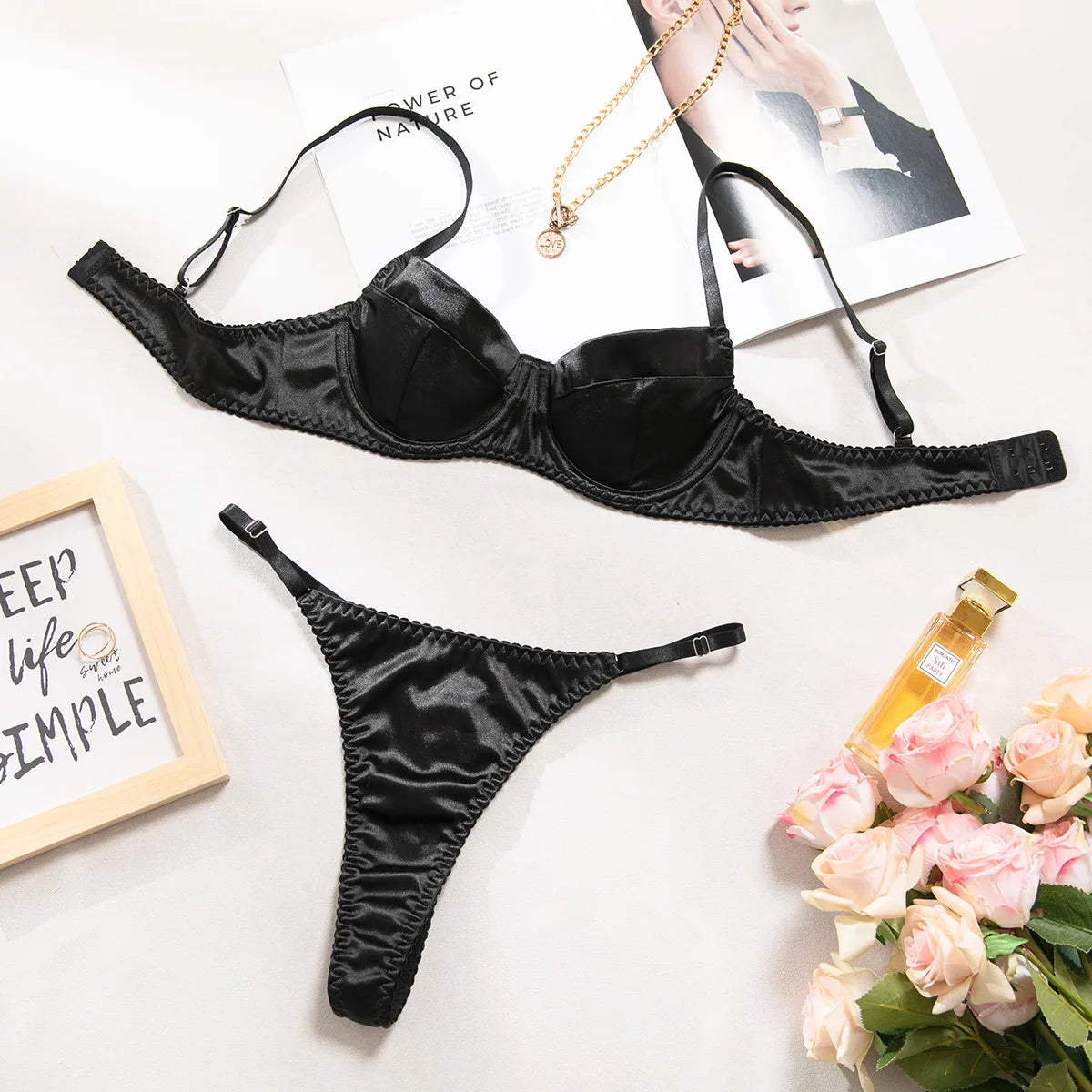 Satin Underwired Bra and Thong Set